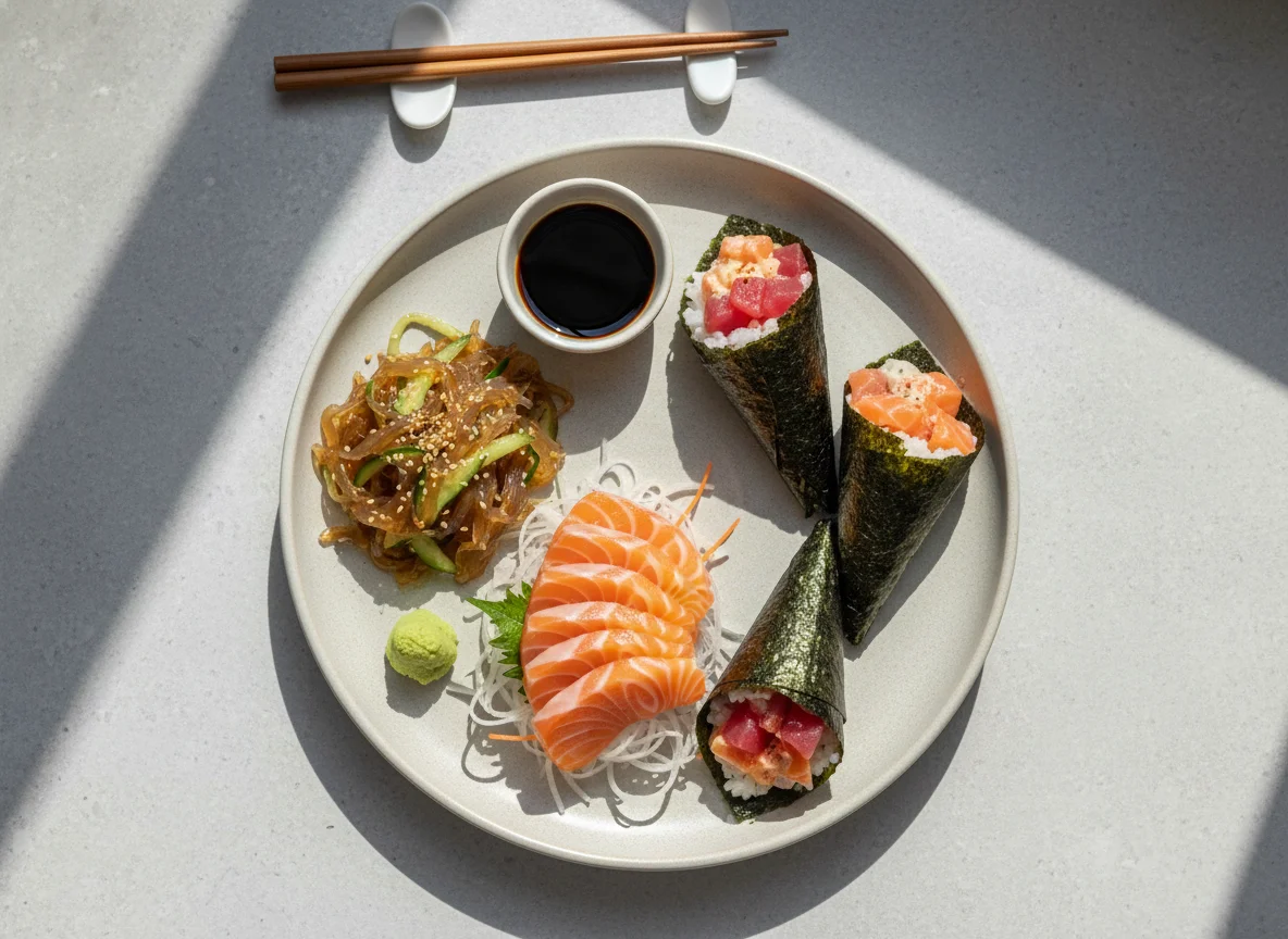 Japanese Meal with Salmon Sashimi, Temaki, and Jellyfish Salad photo