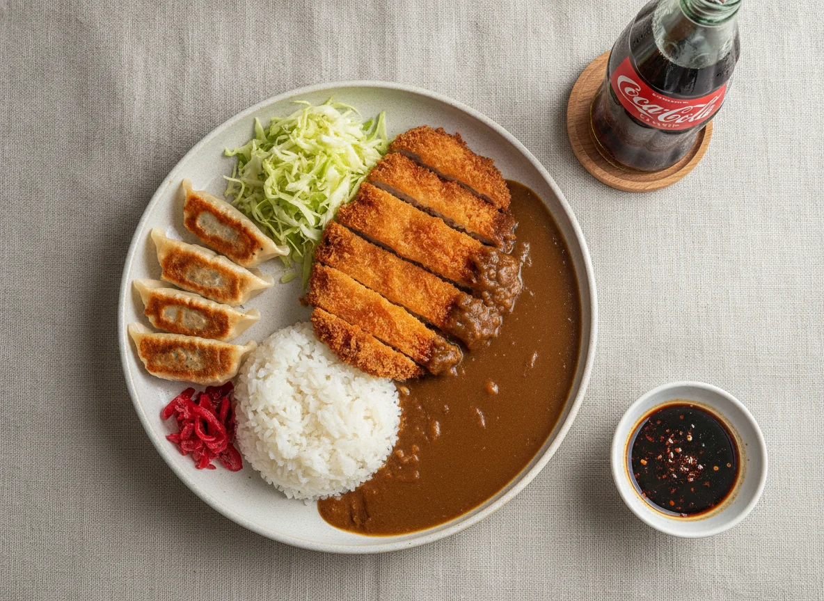 Japanese Pork Katsu Curry with Gyoza and Coke photo