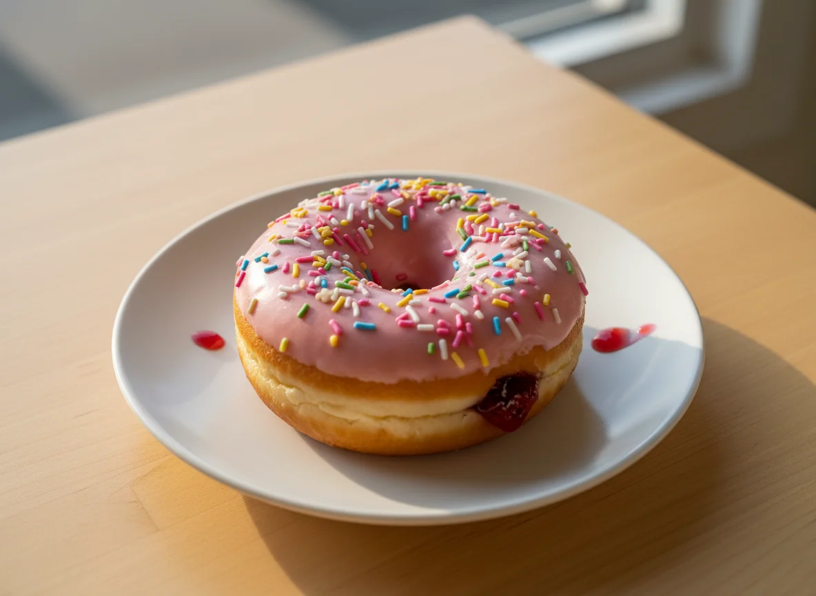 Jelly-filled Donut with Pink Icing and Sprinkles photo