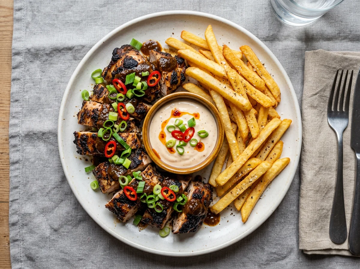 Jerk Chicken and Chips with Sauce photo