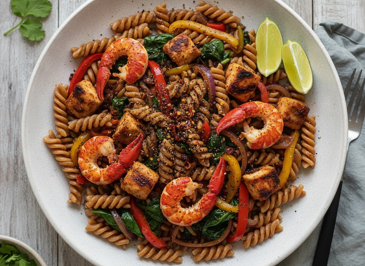Jerk Chicken and Crayfish Wholewheat Fusilli Pasta photo