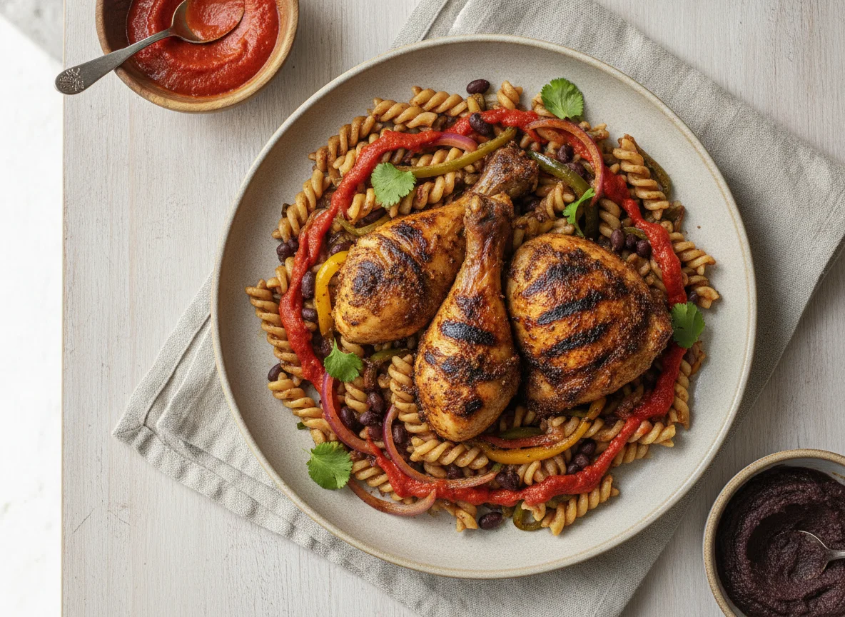 Jerk Chicken Pasta with Black Bean and Red Pepper Sauce photo