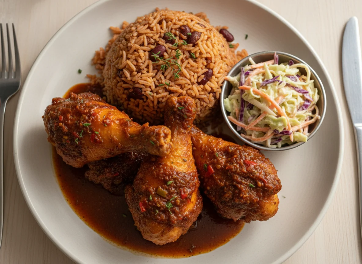 Jerk Chicken with Rice and Peas and Coleslaw photo