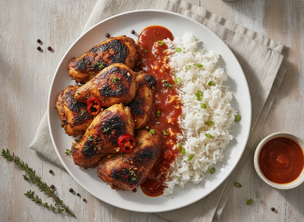 Jerk Chicken with Rice and Sauce photo