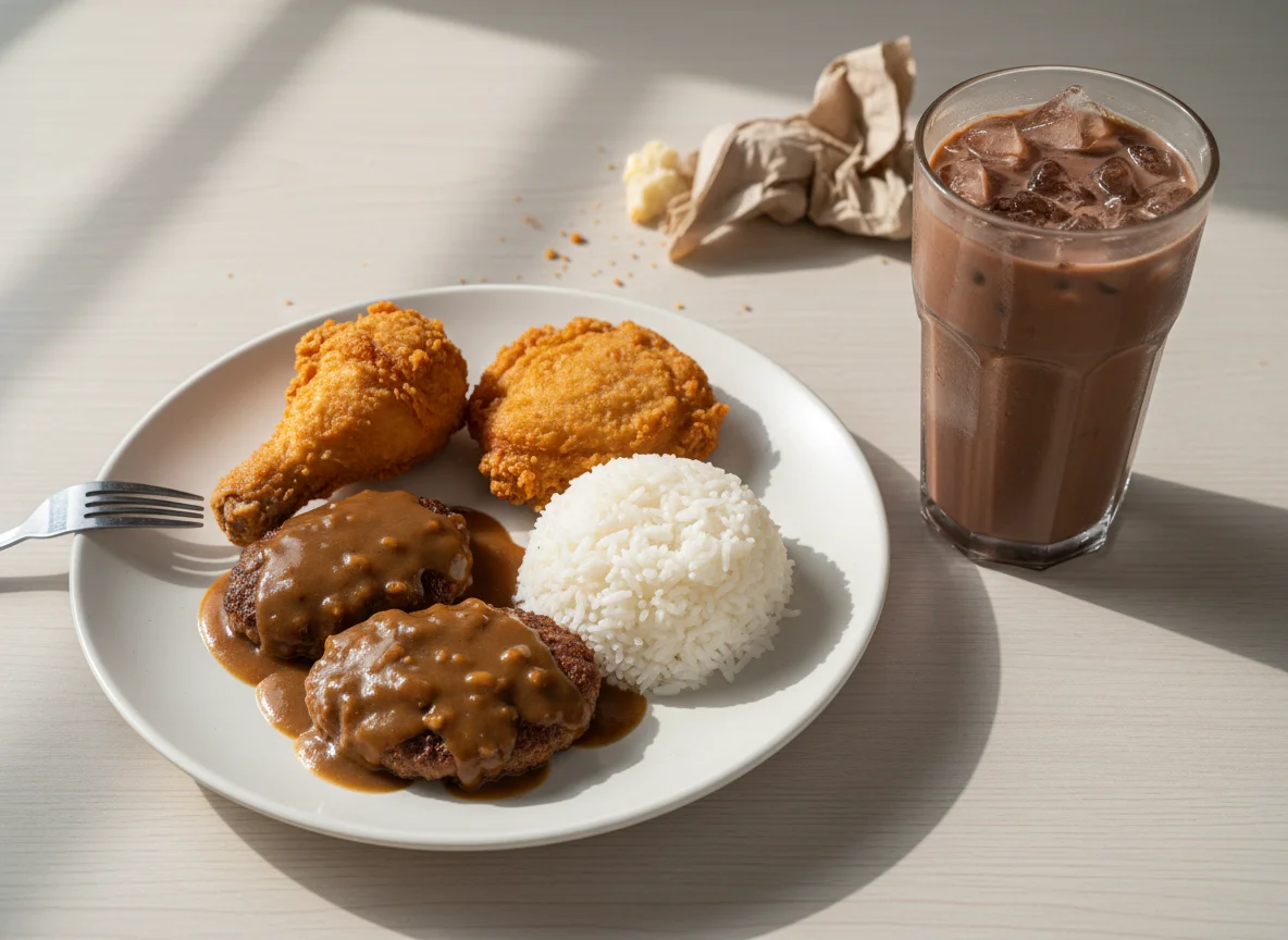 Jollibee Meal with Burger Steak, Fried Chicken, Rice, and Chocolate Drink photo