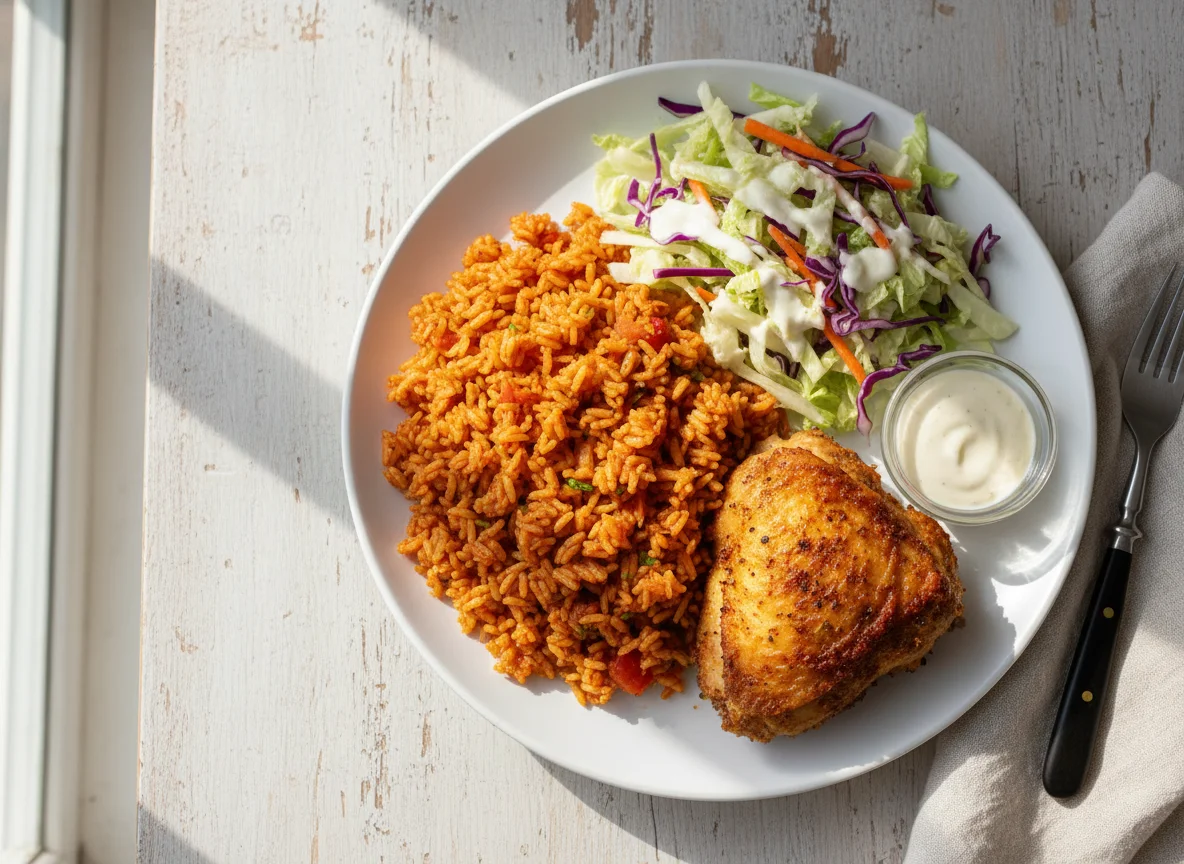 Jollof Rice with Air Fried Chicken and Salad photo