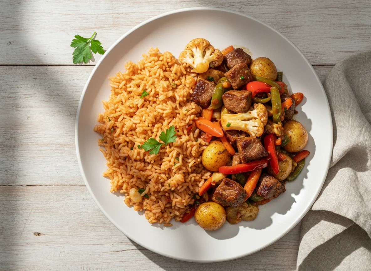 Jollof Rice with Beef and Vegetable Stir-fry photo