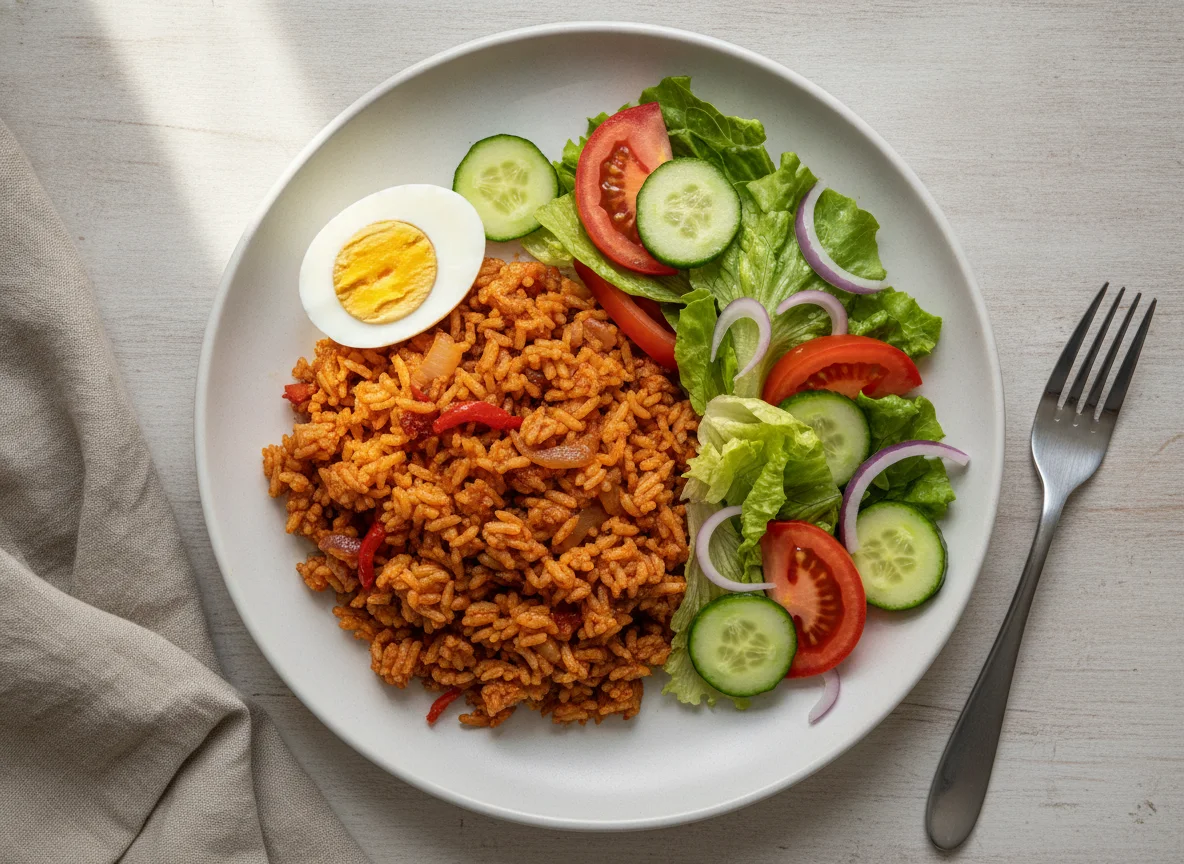 Jollof Rice with Boiled Egg and Salad photo