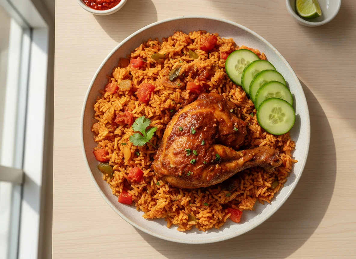 Jollof Rice with Chicken and Cucumber photo
