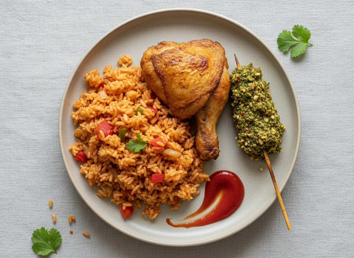 Jollof Rice with Chicken and Green Paste Skewer photo