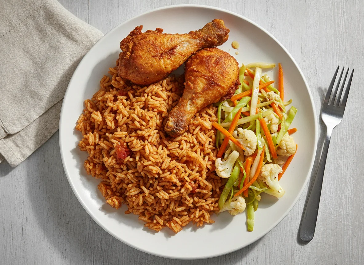 Jollof Rice with Chicken and Vegetable Stir-fry photo