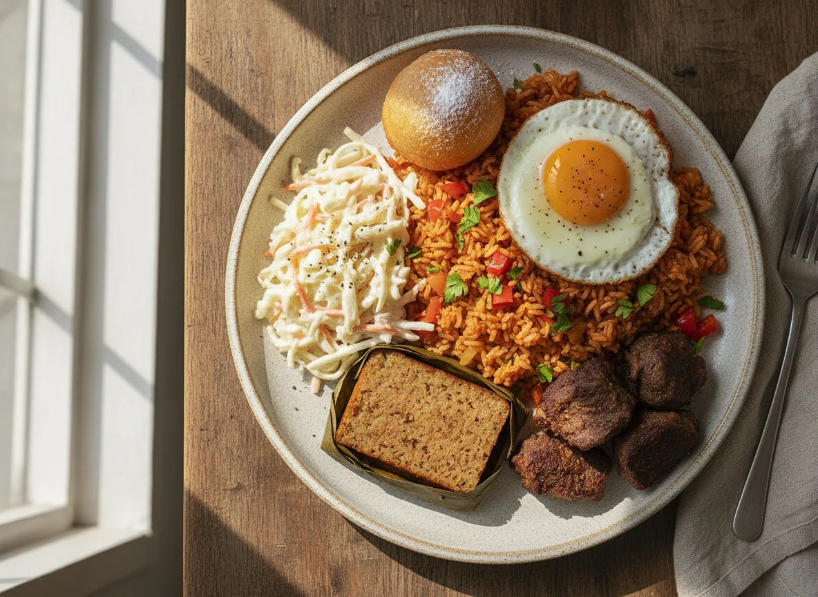 Jollof Rice with Coleslaw, Fried Egg, and Fried Dough photo