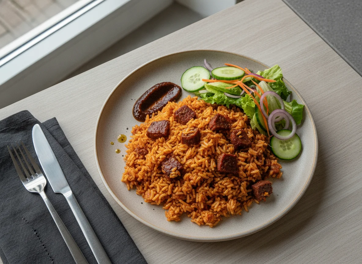 Jollof Rice with Corned Beef and Salad photo