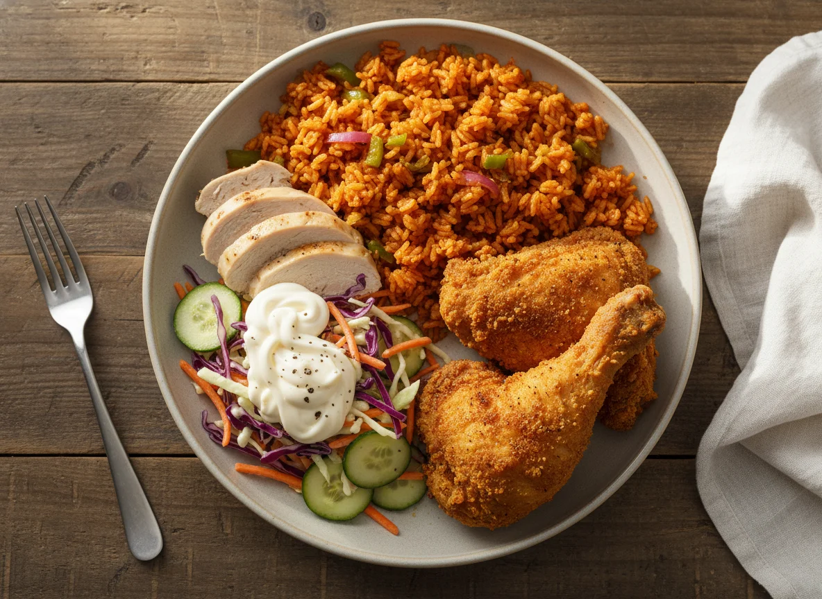 Jollof Rice with Fried Chicken and Coleslaw photo
