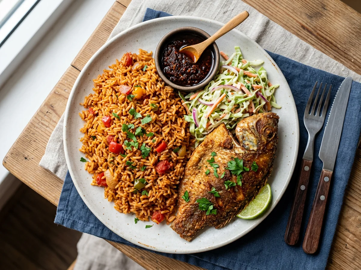 Jollof Rice with Fried Fish and Coleslaw photo