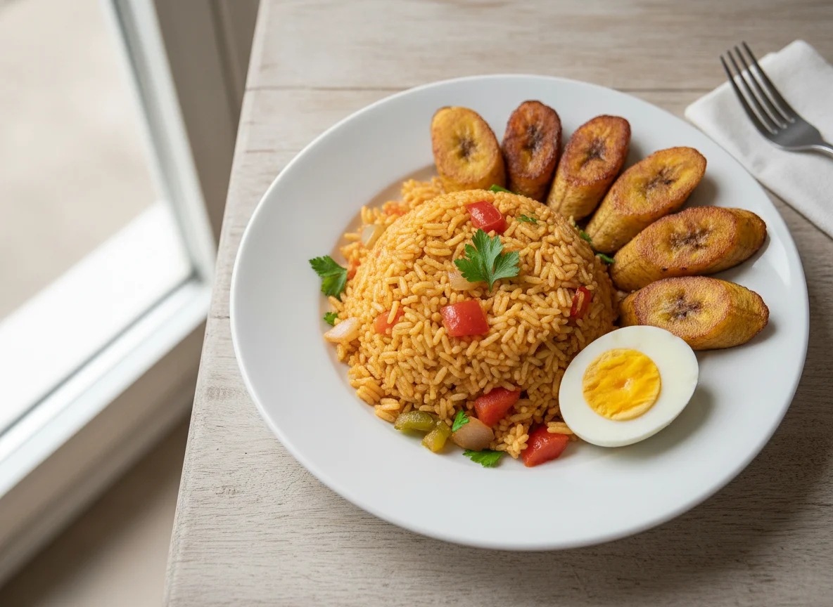 Jollof Rice with Fried Plantain and Boiled Egg photo