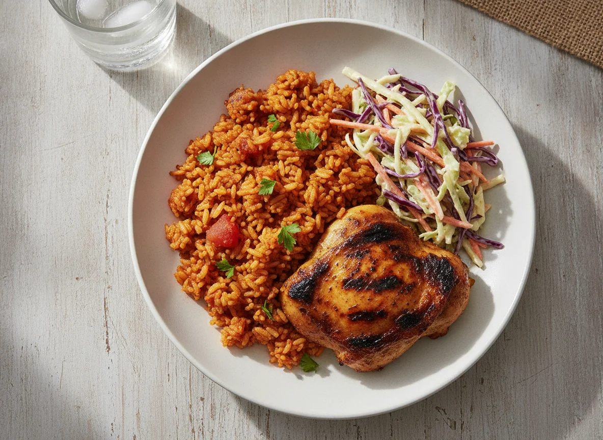 Jollof Rice with Grilled Chicken and Coleslaw photo