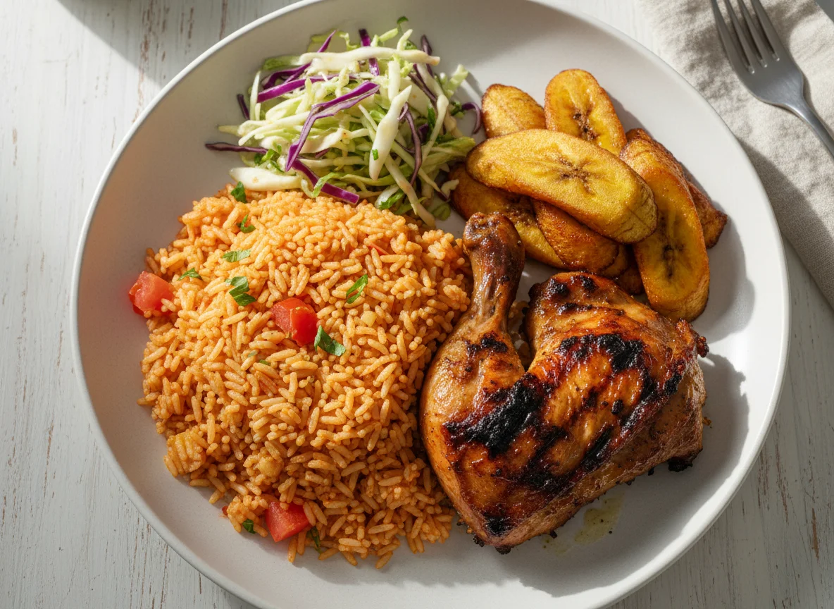 Jollof Rice with Grilled Chicken and Fried Plantain photo