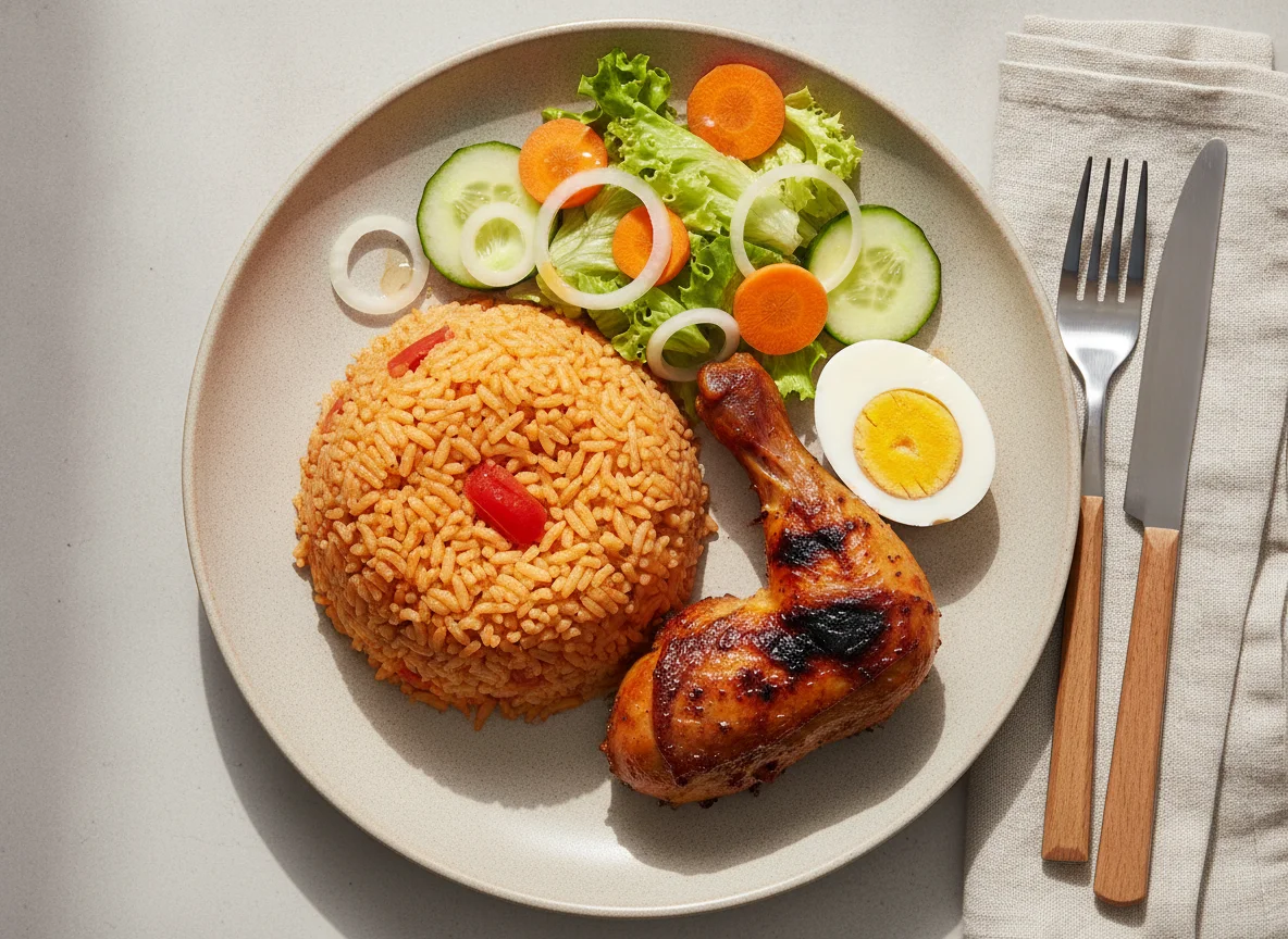 Jollof Rice with Grilled Chicken, Boiled Egg and Salad photo
