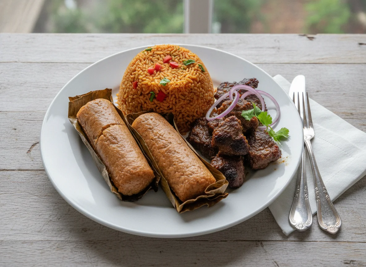 Jollof Rice with Moin-Moin and Beef photo