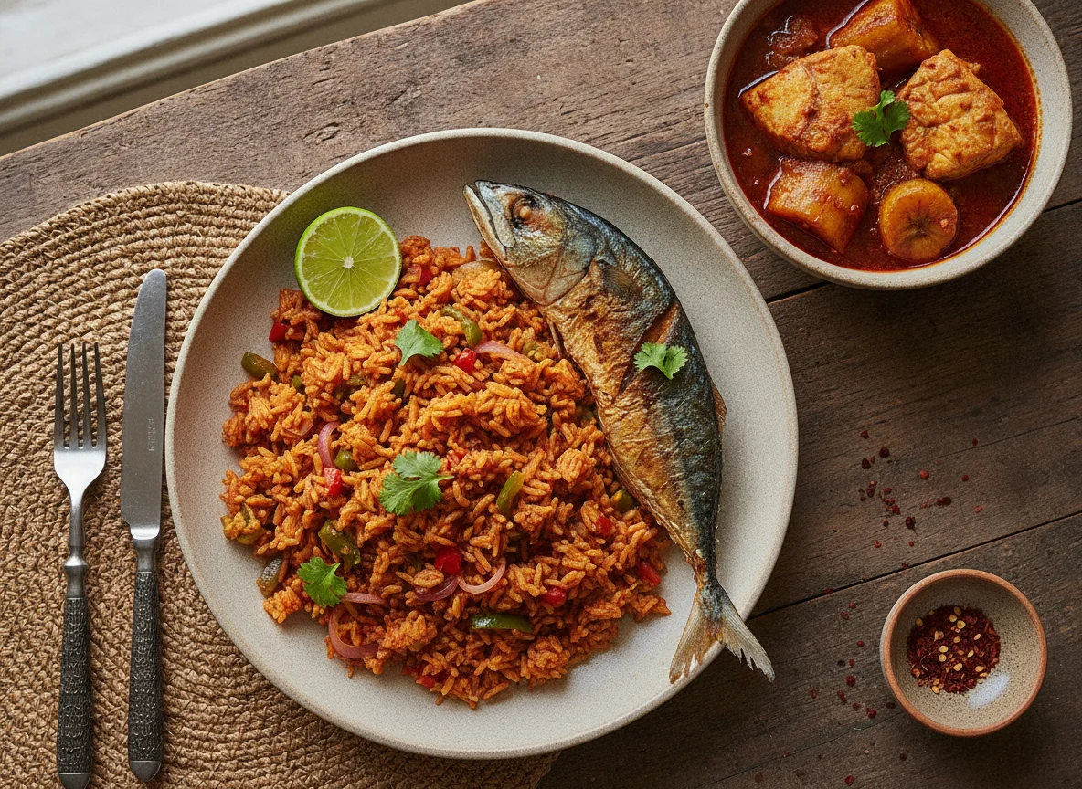 Jollof Rice with Stew and Fish photo