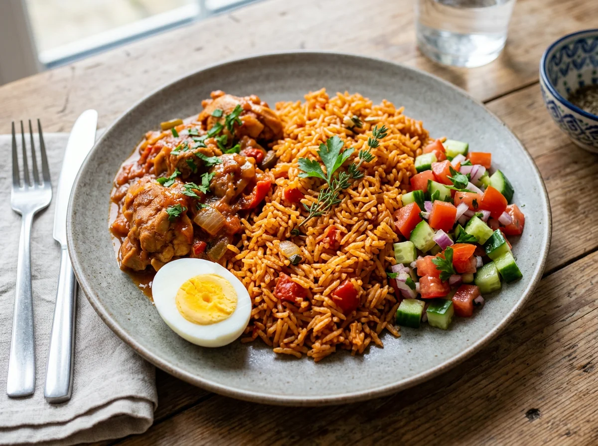 Jollof Rice with Stew, Boiled Egg and Vegetable Salad photo