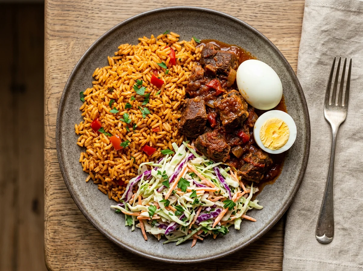 Jollof Rice with Stewed Meat, Egg, and Coleslaw photo