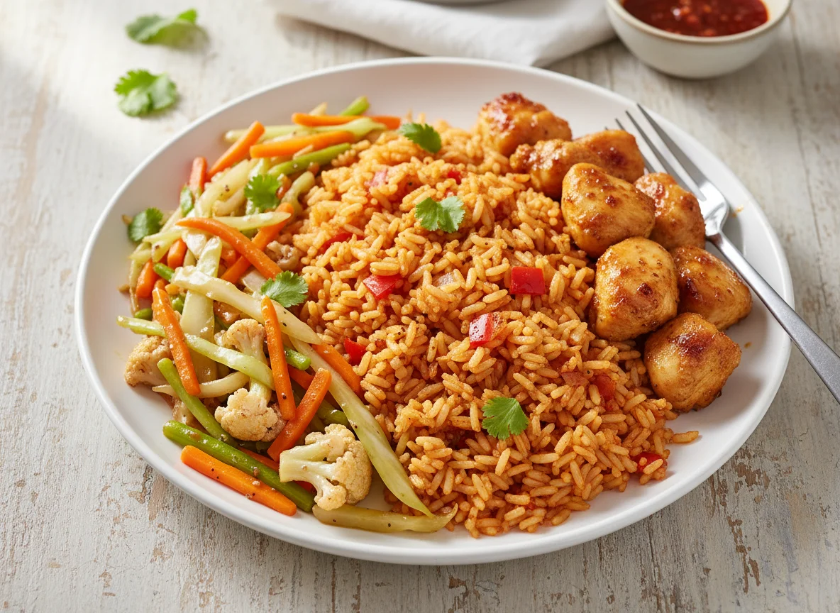 Jollof Rice with Vegetable Stir-fry and Chicken photo