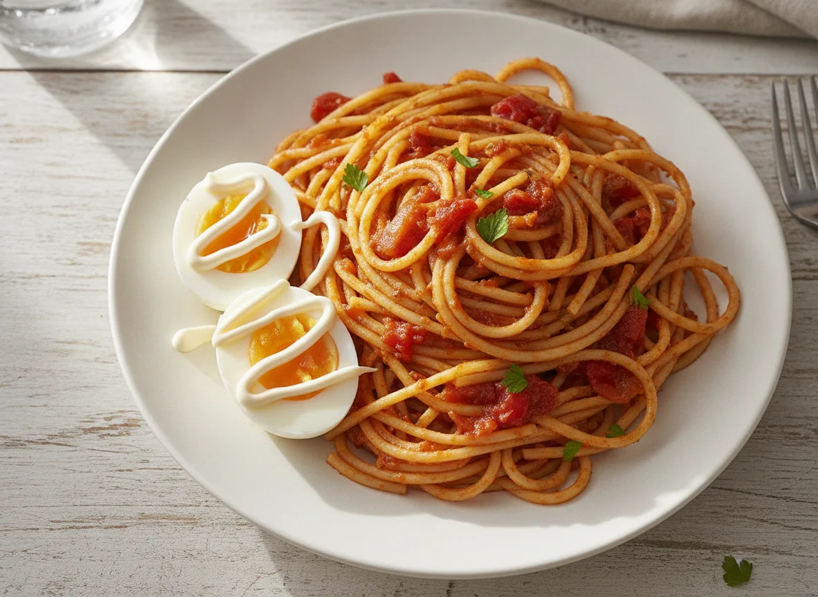 Jollof Spaghetti with Boiled Egg photo