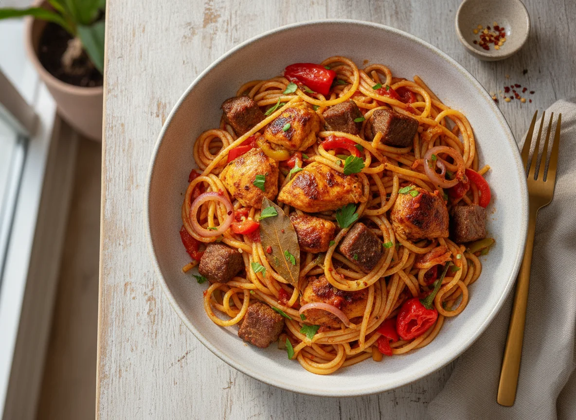 Jollof Spaghetti with Meat photo