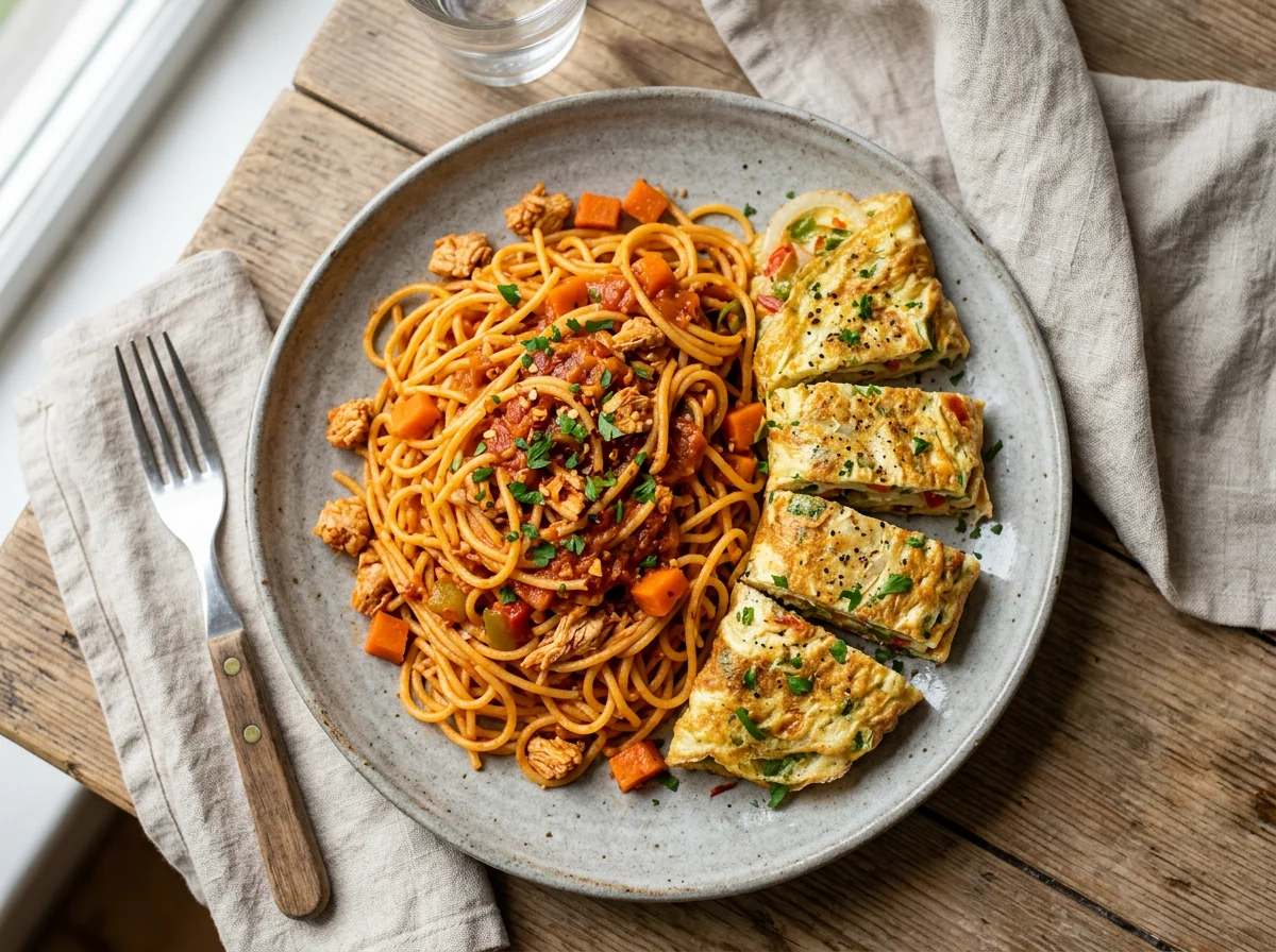 Jollof Spaghetti with Omelette photo
