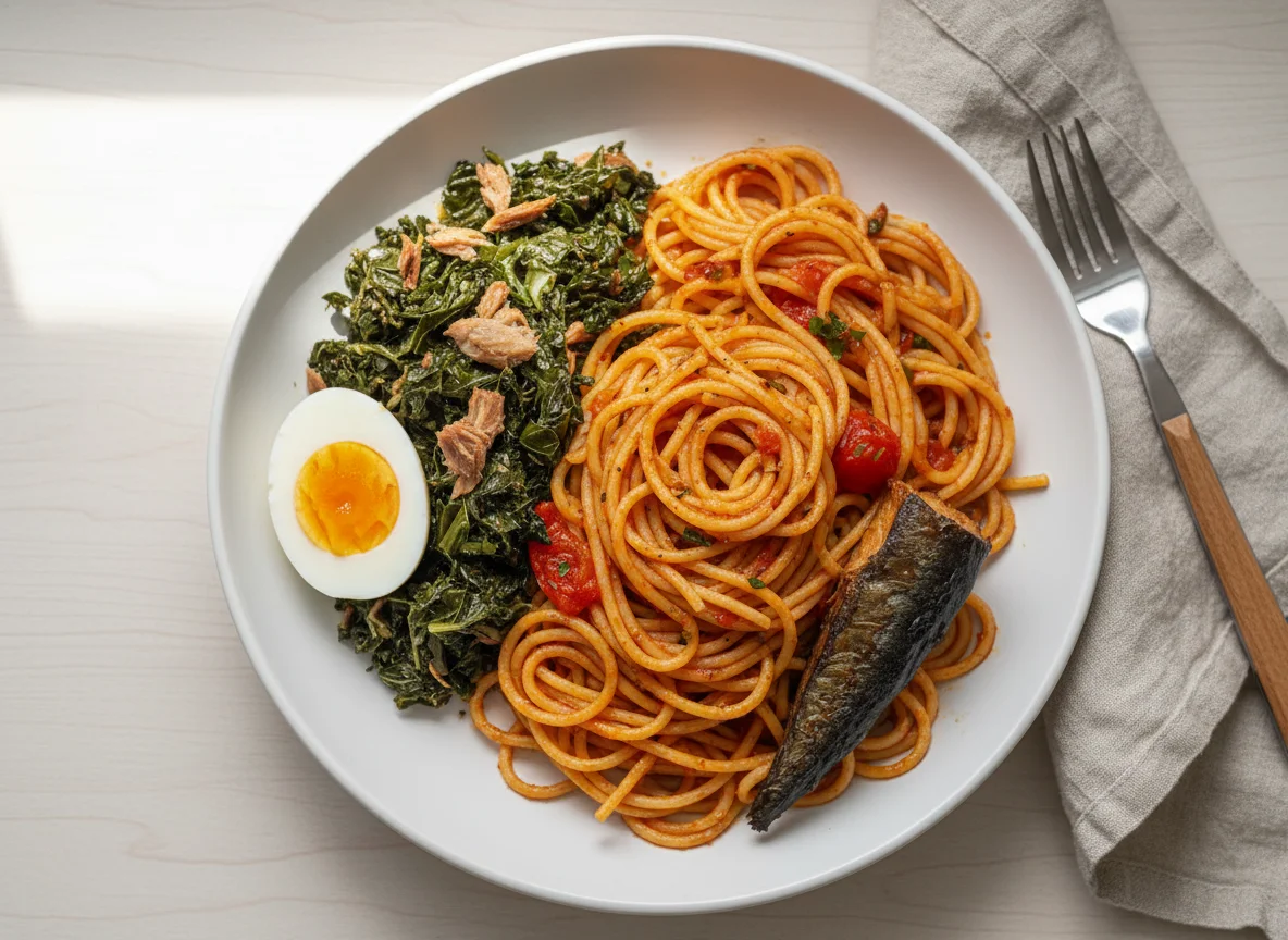 Jollof Spaghetti with Stewed Greens, Smoked Fish, and Boiled Egg photo