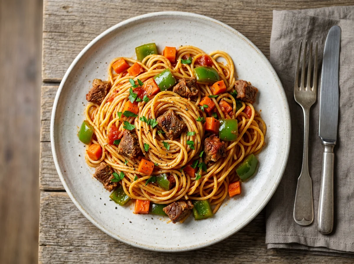 Jollof Spaghetti with Vegetables and Meat photo