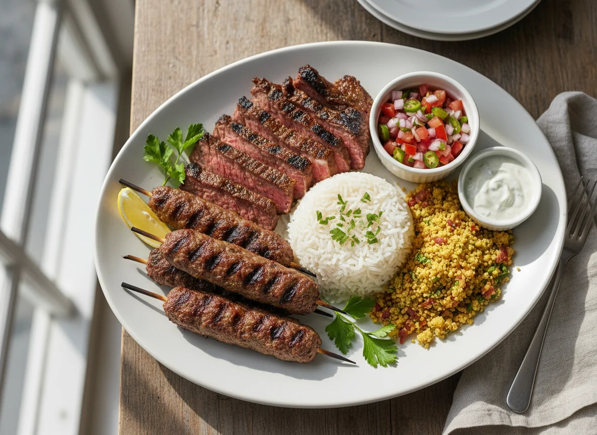 Kafta, Rib Beef, Rice and Farofa Plate photo