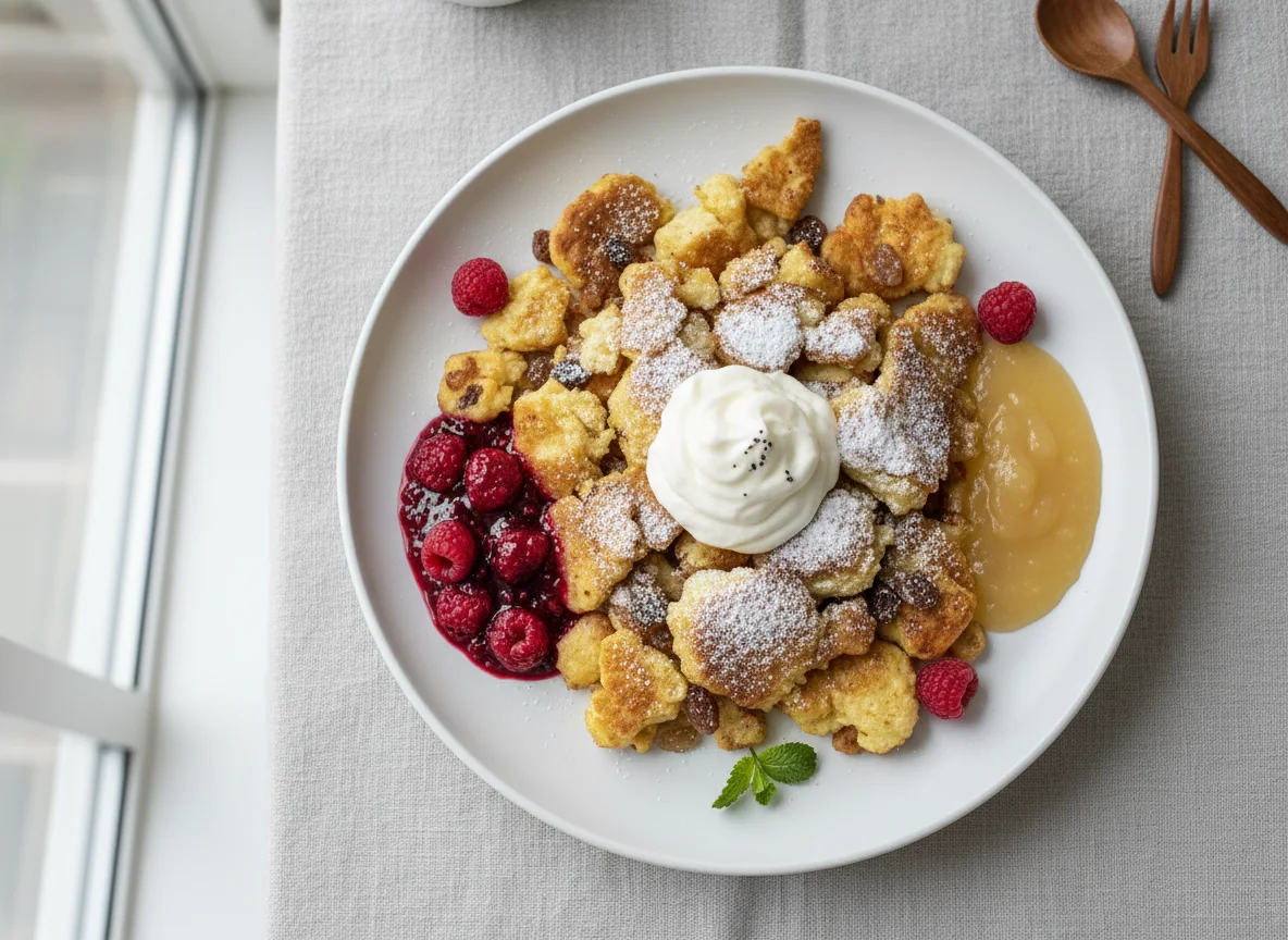Kaiserschmarrn with Raspberry Compote, Apple Sauce, and Cream photo