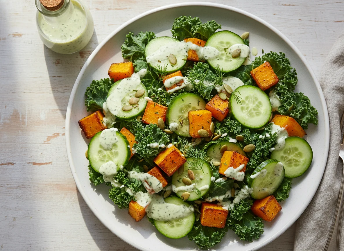 Kale and Cucumber Salad with Butternut Squash photo