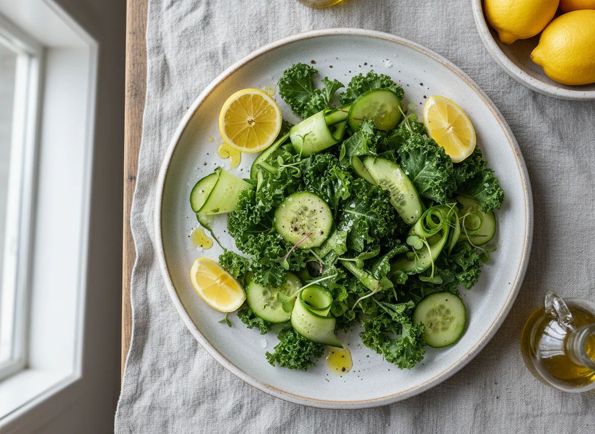 Kale and Cucumber Salad with Olive Oil and Lemon Dressing photo