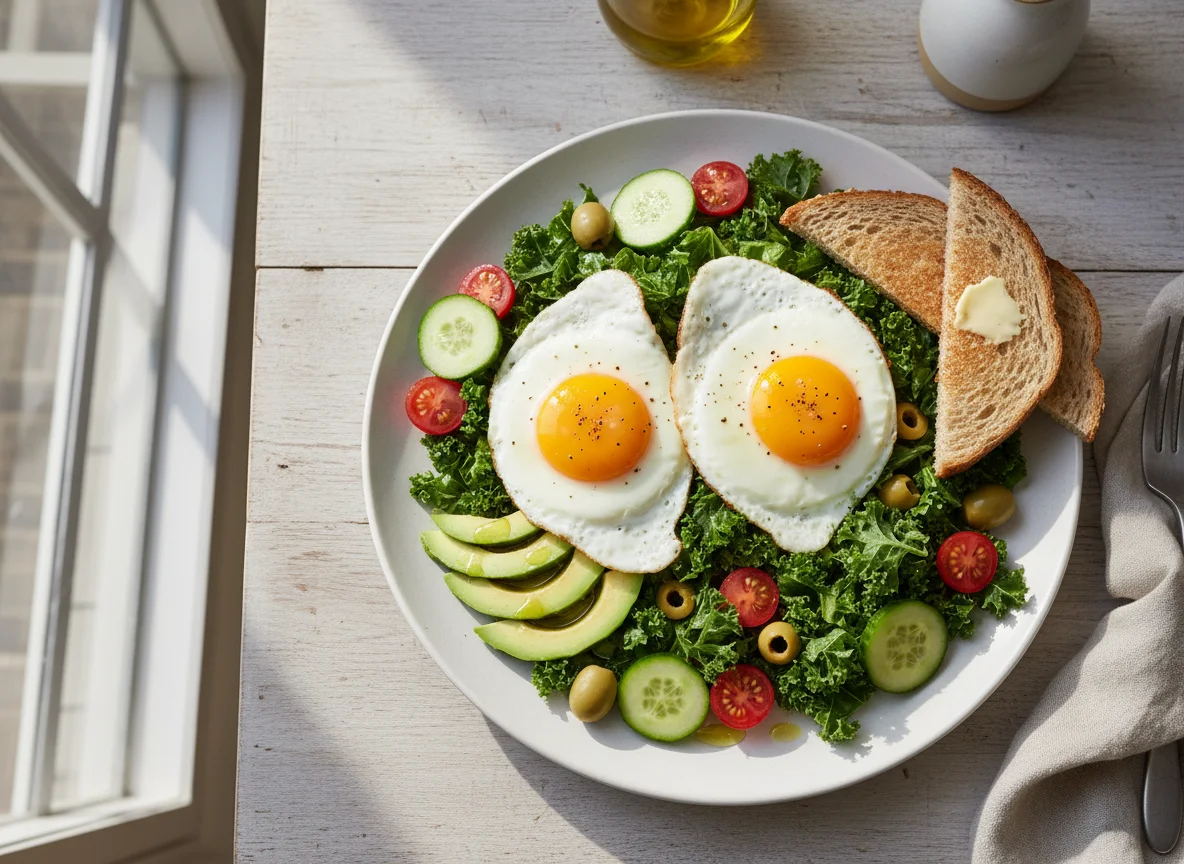 Kale Salad with Fried Eggs and Avocado photo