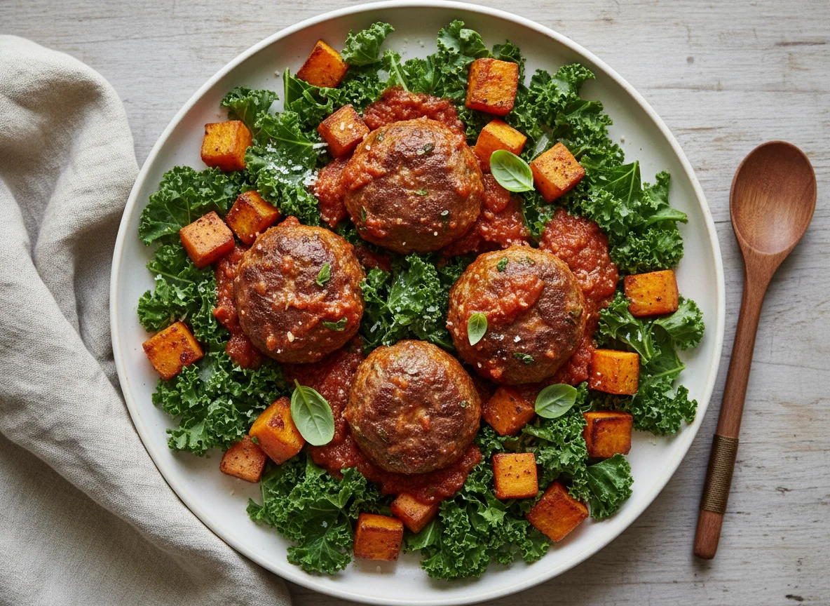 Kale Salad with Sweet Potato and Meatballs in Sauce photo