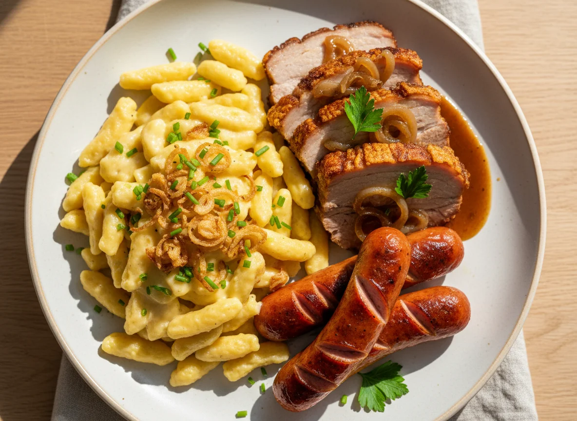 Käsespätzle with sausages and roasted pork photo