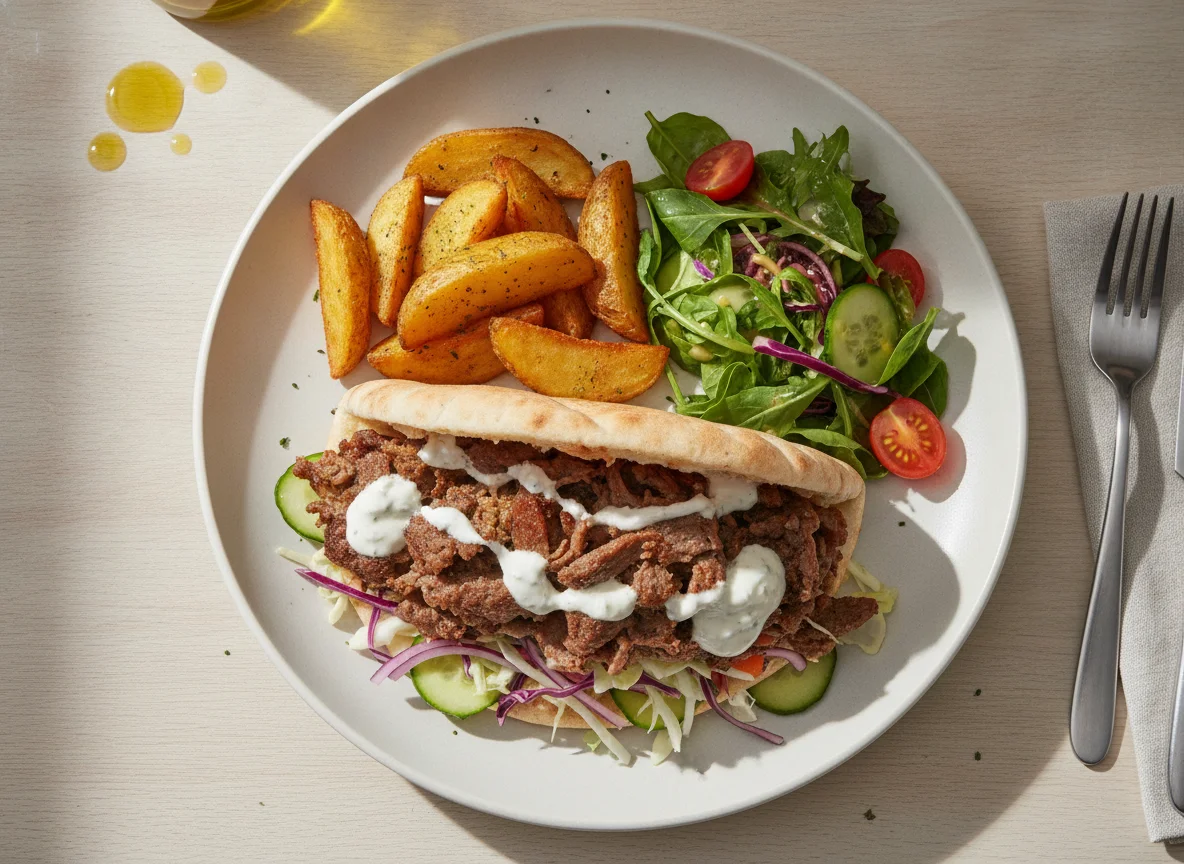 Kebab in pita with potato wedges and salad photo