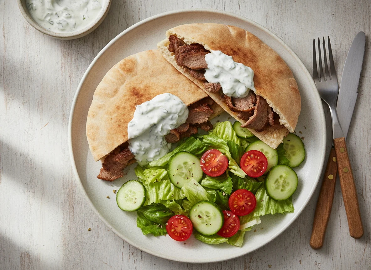 Kebab in pita with side salad photo