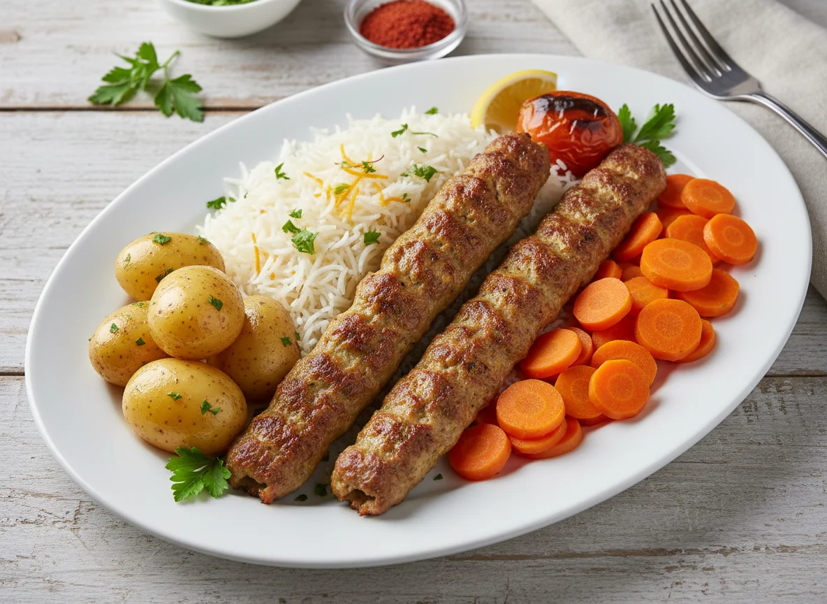 Kebab Koobideh with Rice, Potatoes, and Carrots photo