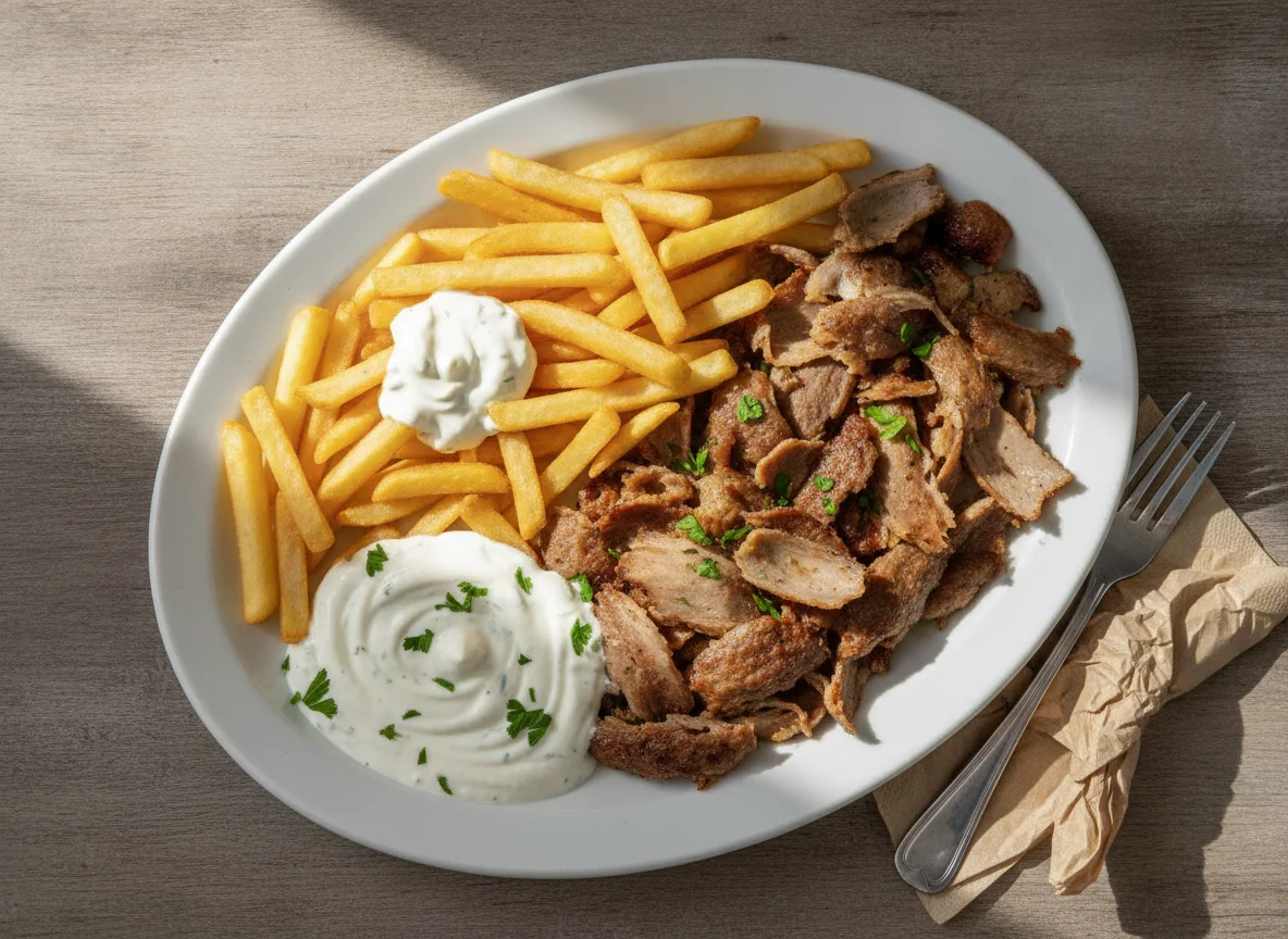 Kebab meat with chips and sauce photo