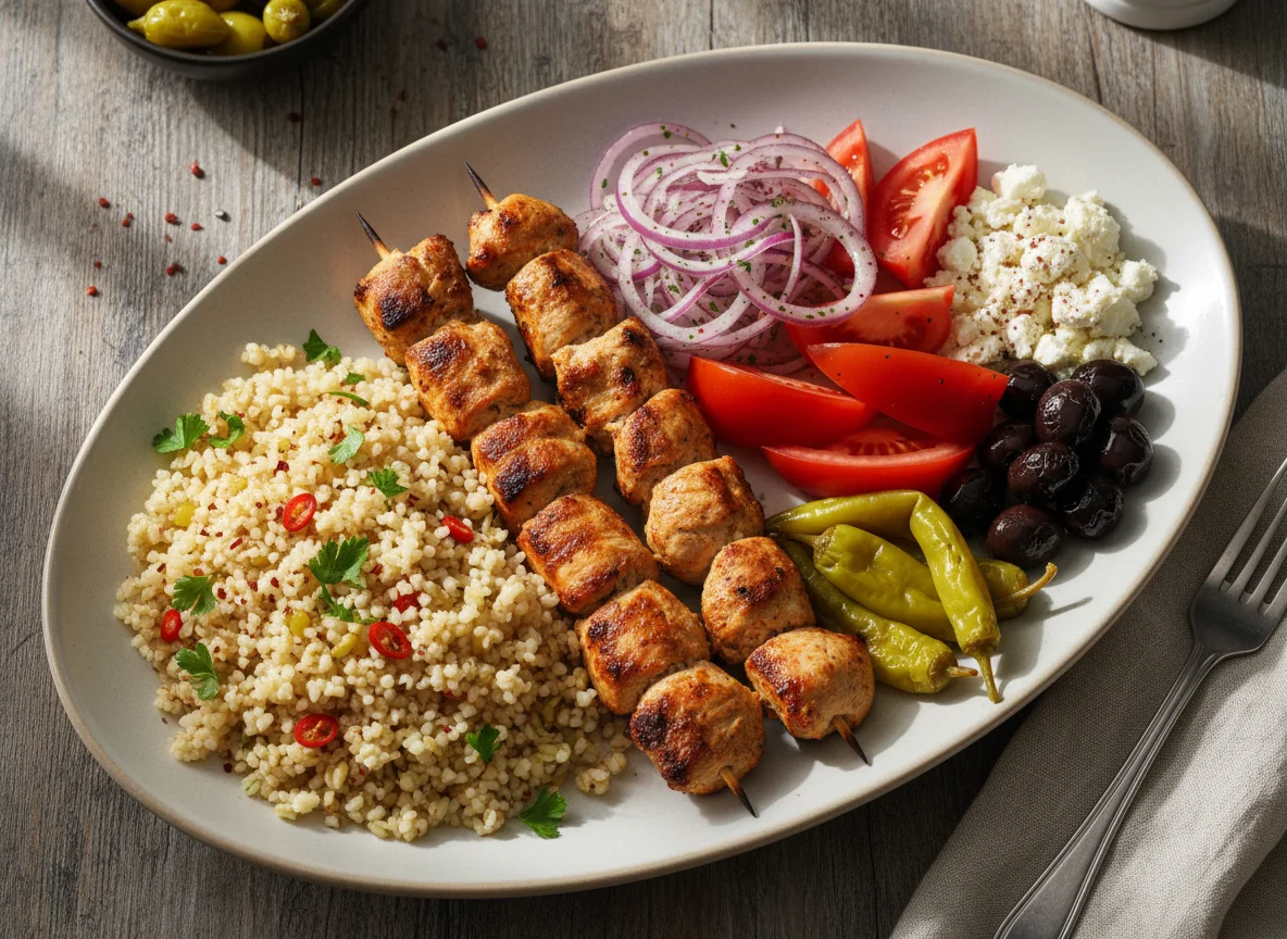 Kebab plate with bulgur and vegetables photo