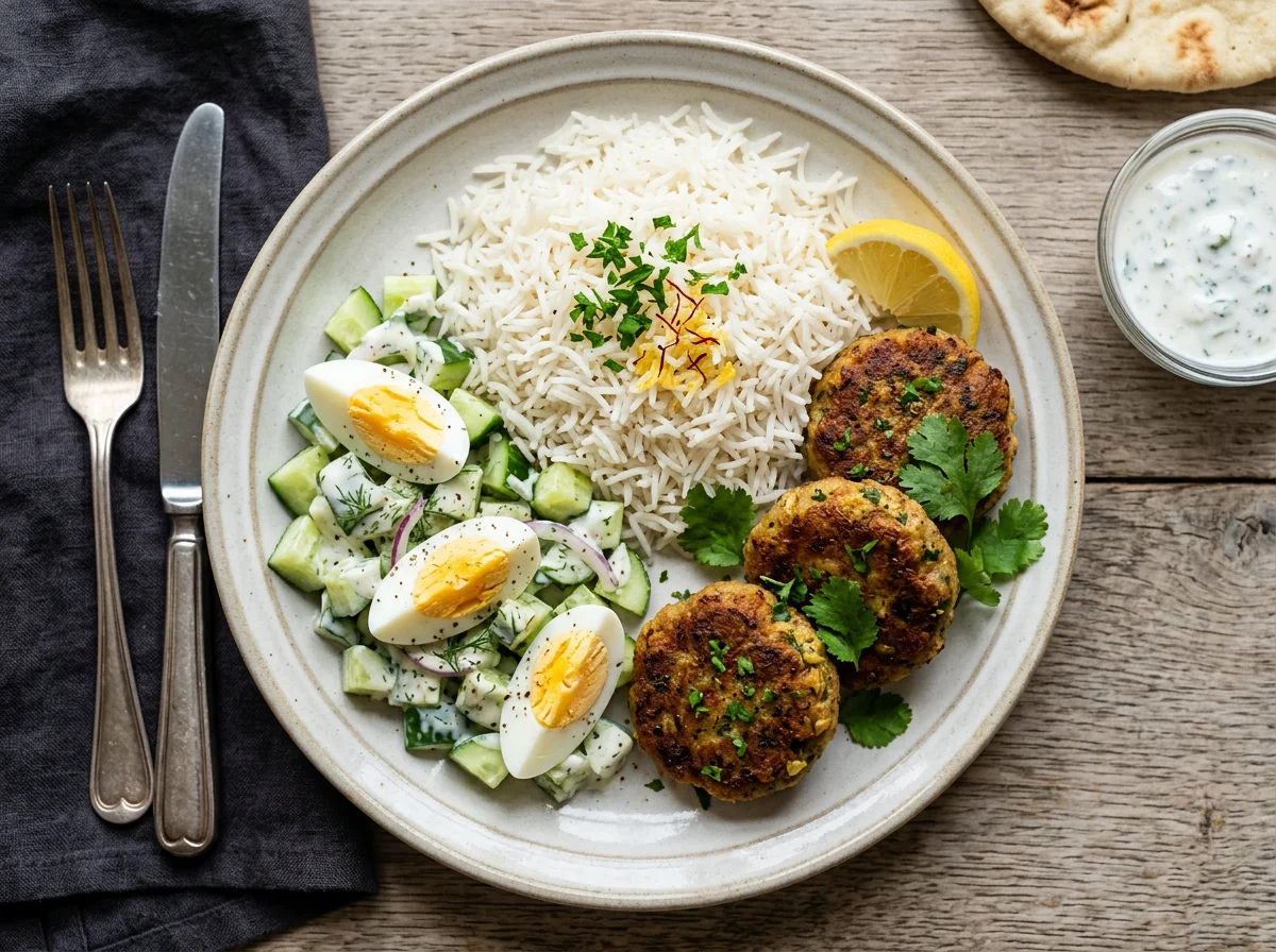 Kebab, Rice, Egg and Cucumber Salad photo
