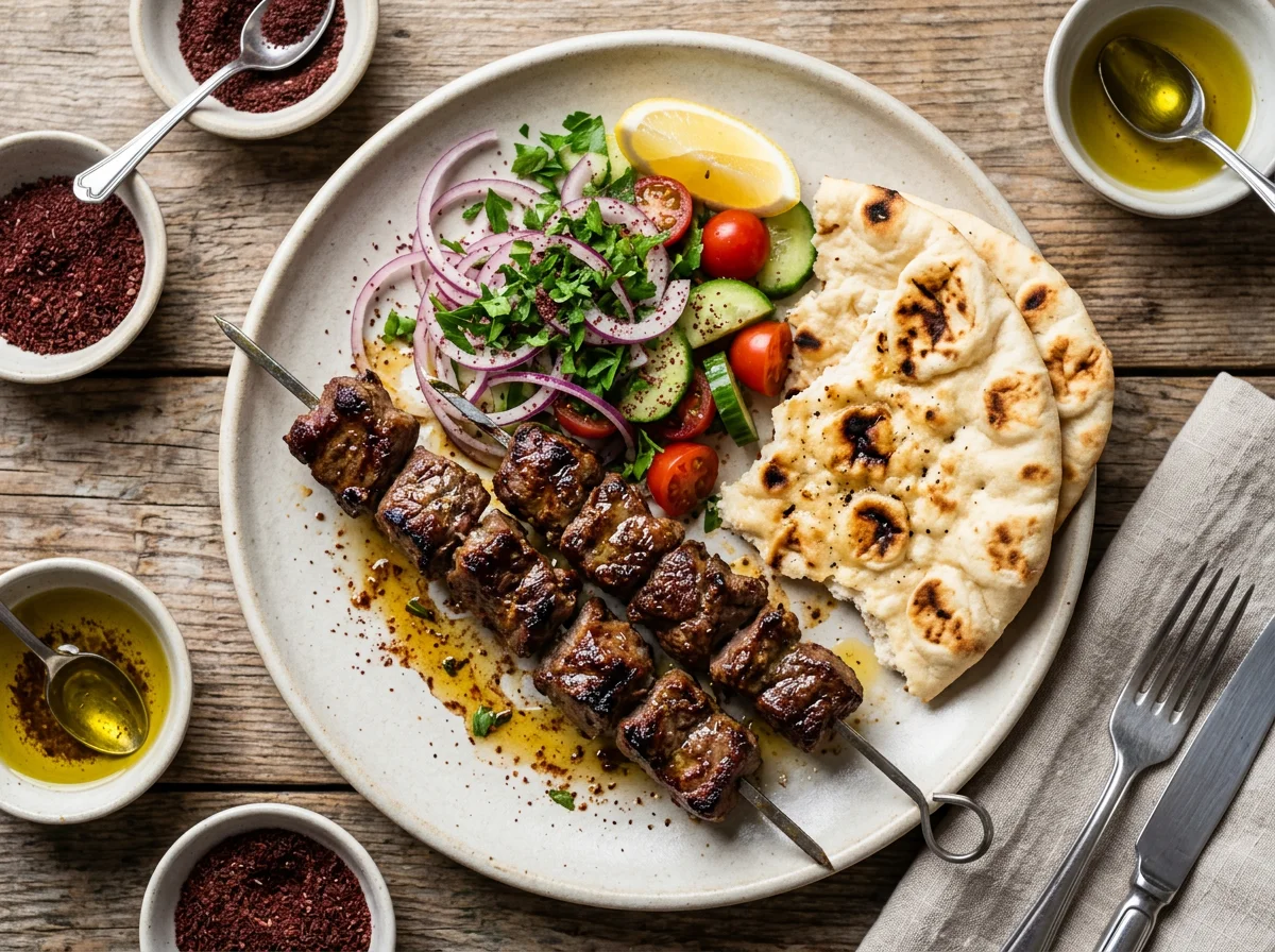 Kebab with Flatbread and Salad photo
