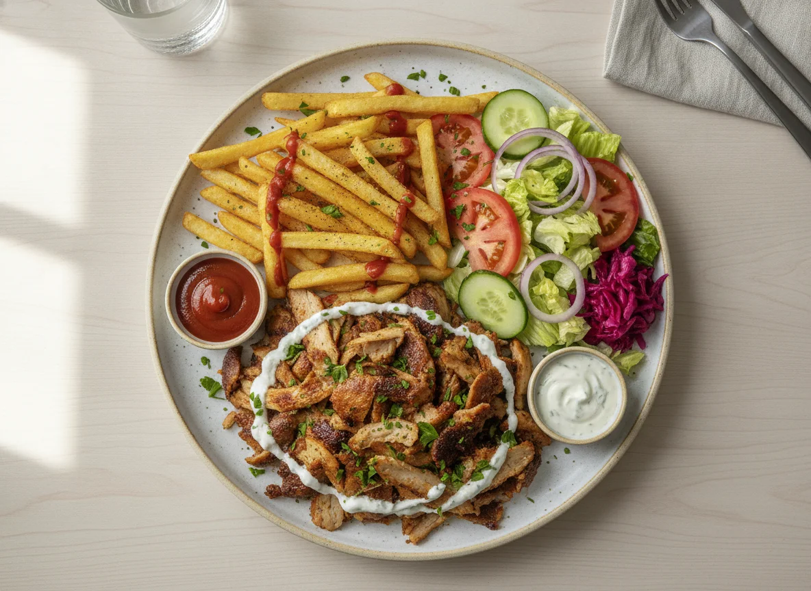 Kebab with Fries and Salad photo