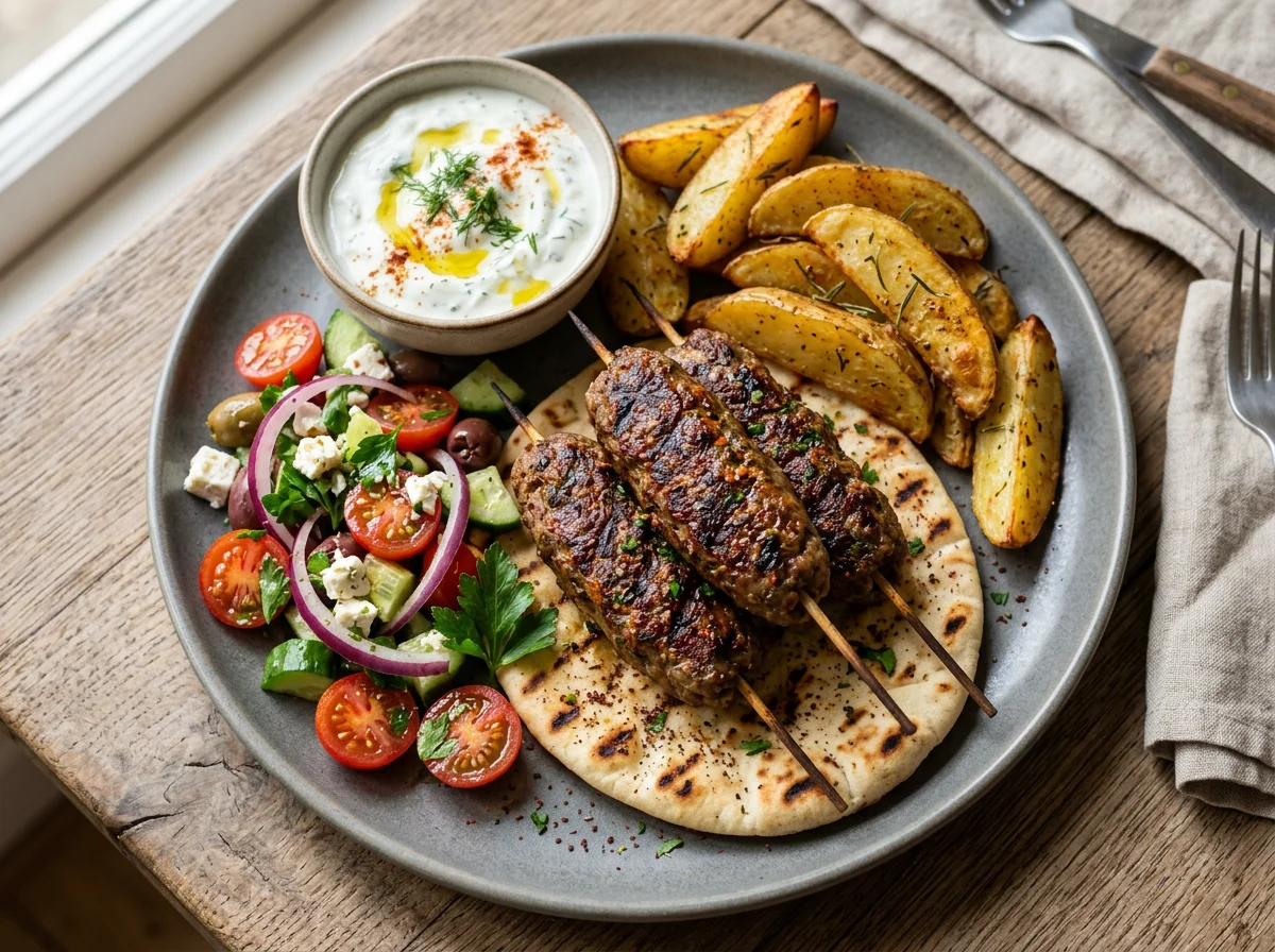 Kebab with Potato Wedges and Flatbread photo