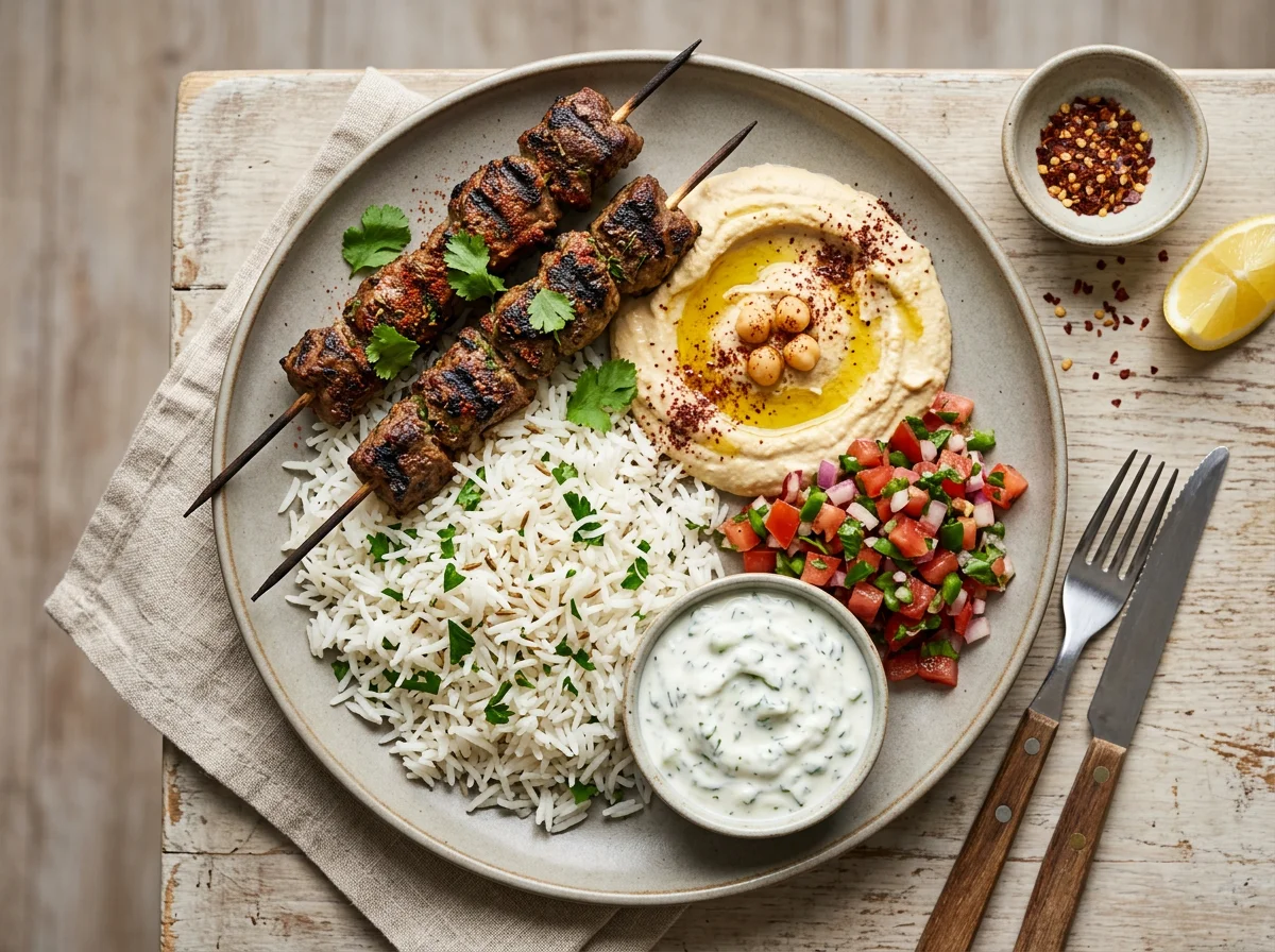 Kebab with Rice, Hummus and Salsa photo